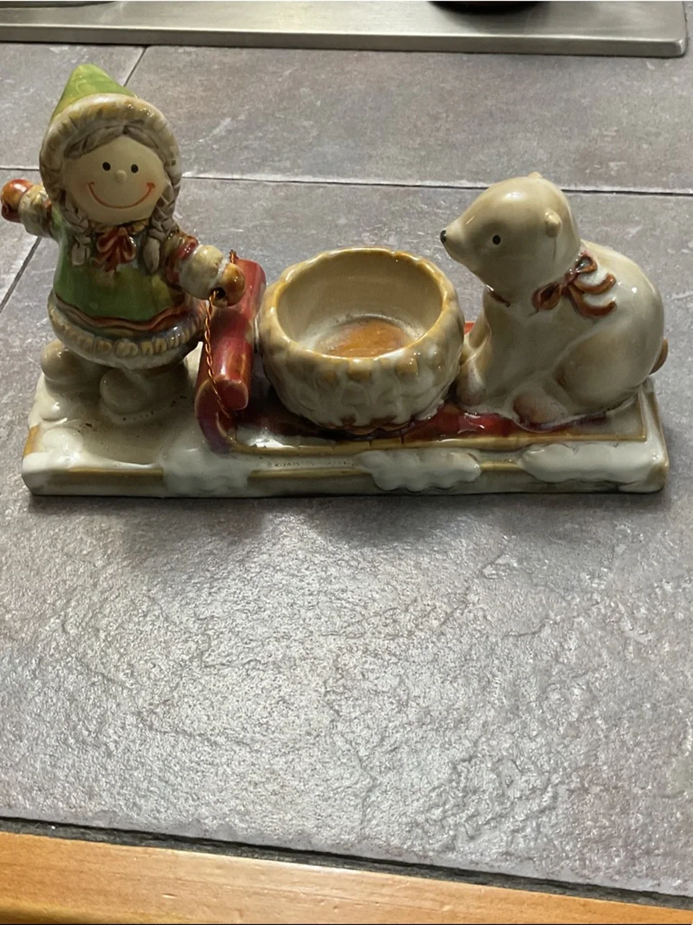 Ceramic Girl & Dog Candle Holder - Green, Red, Cream